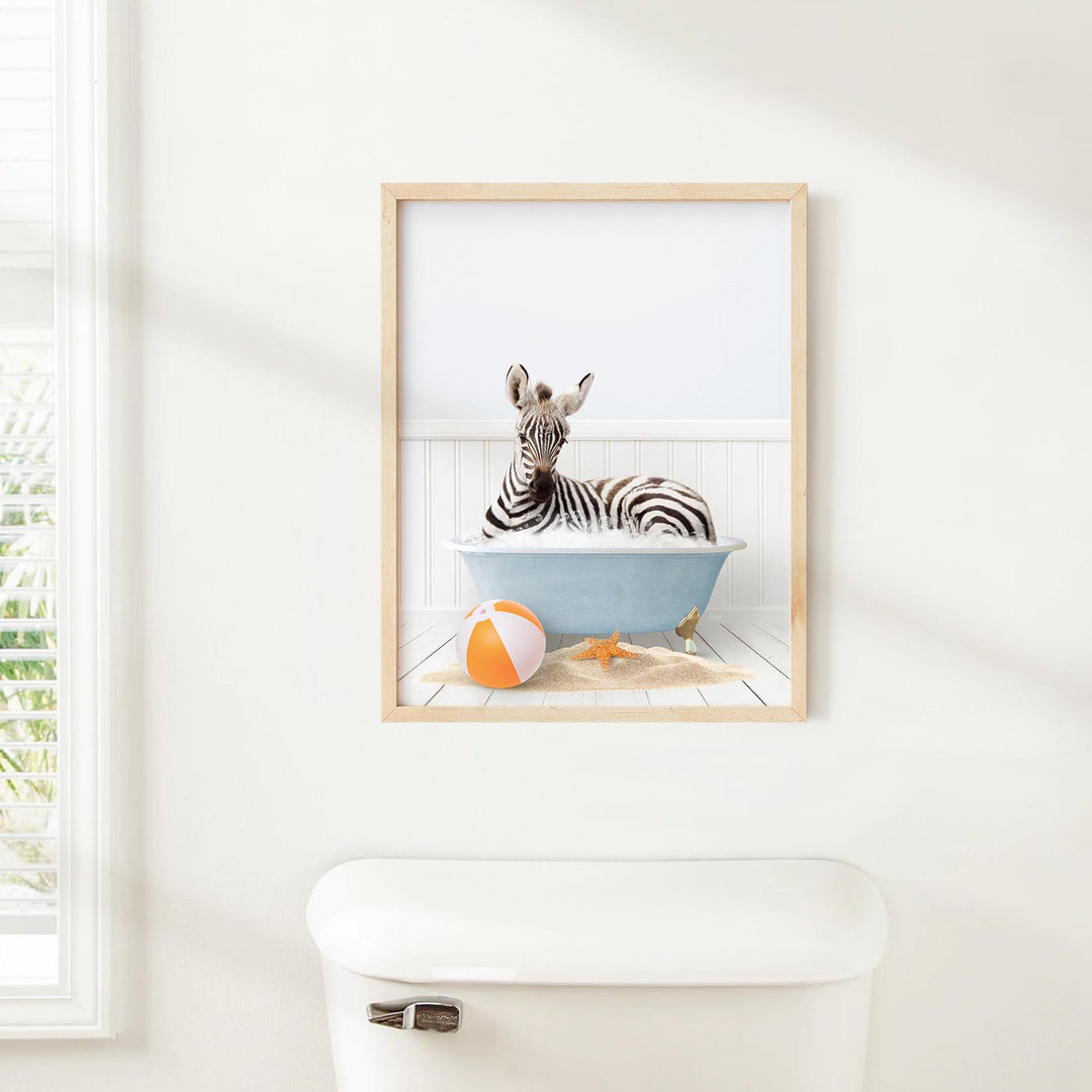 Baby Zebra in Beach House Bath with Beach Ball and Sand
