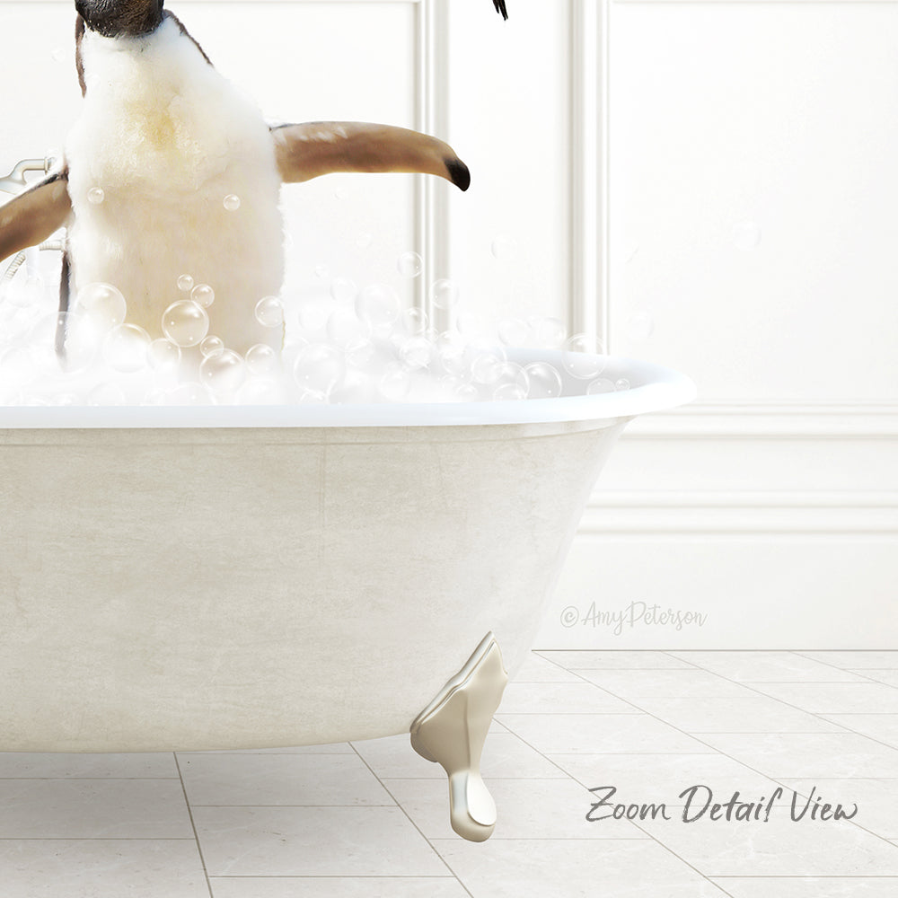 A penguin standing in a bathtub filled with bubbles, enjoying a bath.