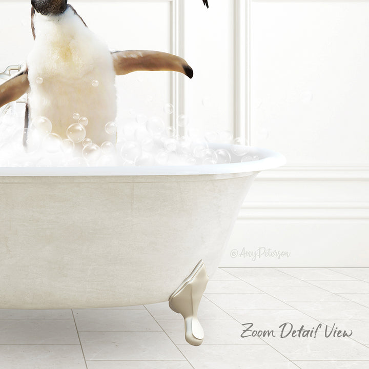A penguin standing in a bathtub filled with bubbles, enjoying a bath.