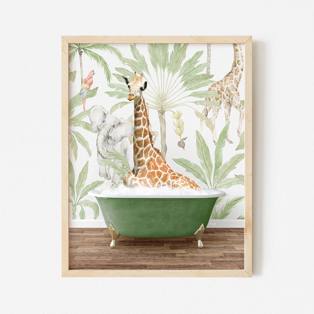 a giraffe is sitting in a green bathtub