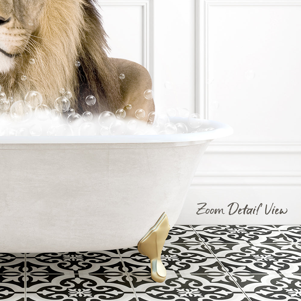 A lion is sitting in a white bathtub filled with bubbles, creating a whimsical and playful scene.
