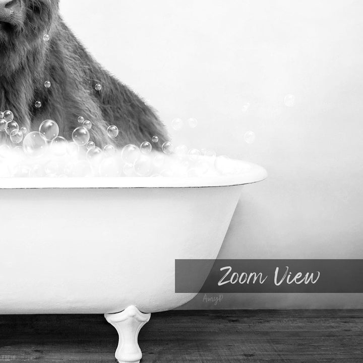 A close-up black and white image of a dog's head partially submerged in a bathtub filled with bubbles.