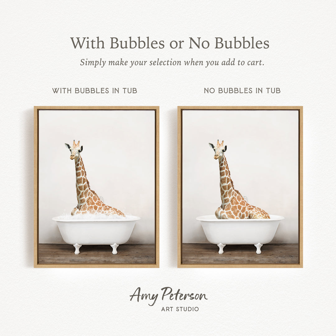 The image is a framed print featuring a giraffe sitting in a white bathtub. The text above the image reads "With Bubbles or No Bubbles" and below it, "Simply make your selection when you add to cart." The text on the right side of the image says "NO Bubbles IN TUB" and on the left side, "WITH Bubbles IN TUB." The artist's name, Amy Peterson, is displayed at the bottom of the image.
