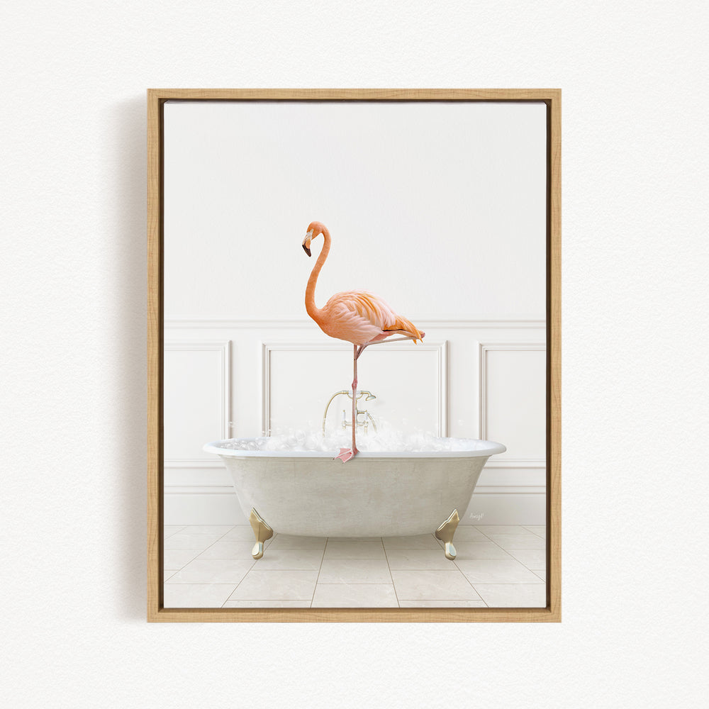 A flamingo standing on the edge of a white bathtub filled with water, creating a whimsical and playful scene.