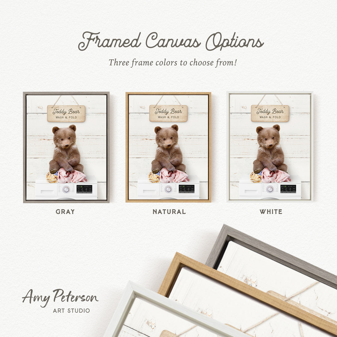 three framed canvas options for a teddy bear, each with a different frame color: gray, natural, and white.