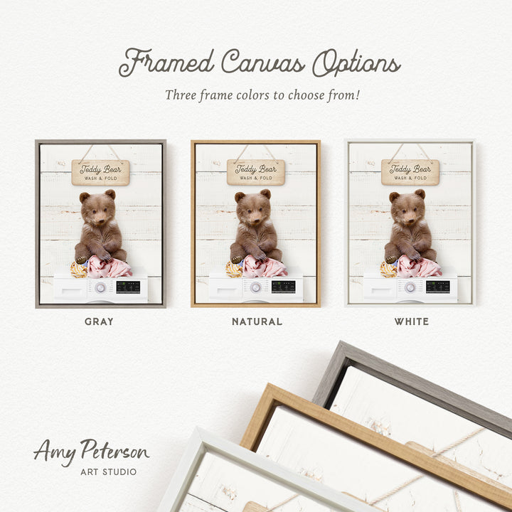 three framed canvas options for a teddy bear, each with a different frame color: gray, natural, and white.