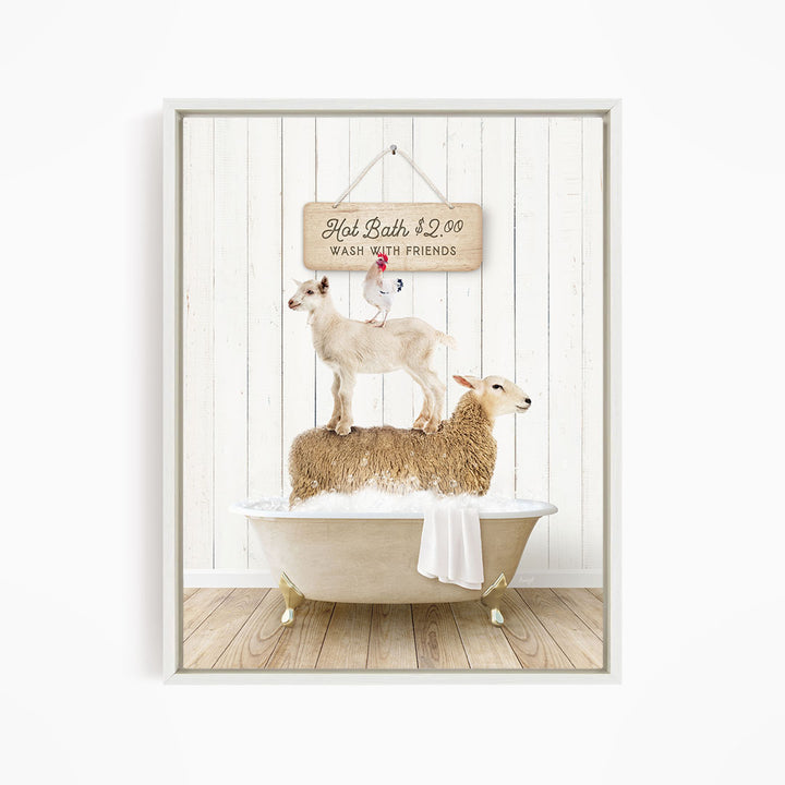 A framed image depicting a goat standing on top of a sheep in a bathtub, with a sign above that reads "Hot Bath $2.00 WASH WITH FRIENDS".