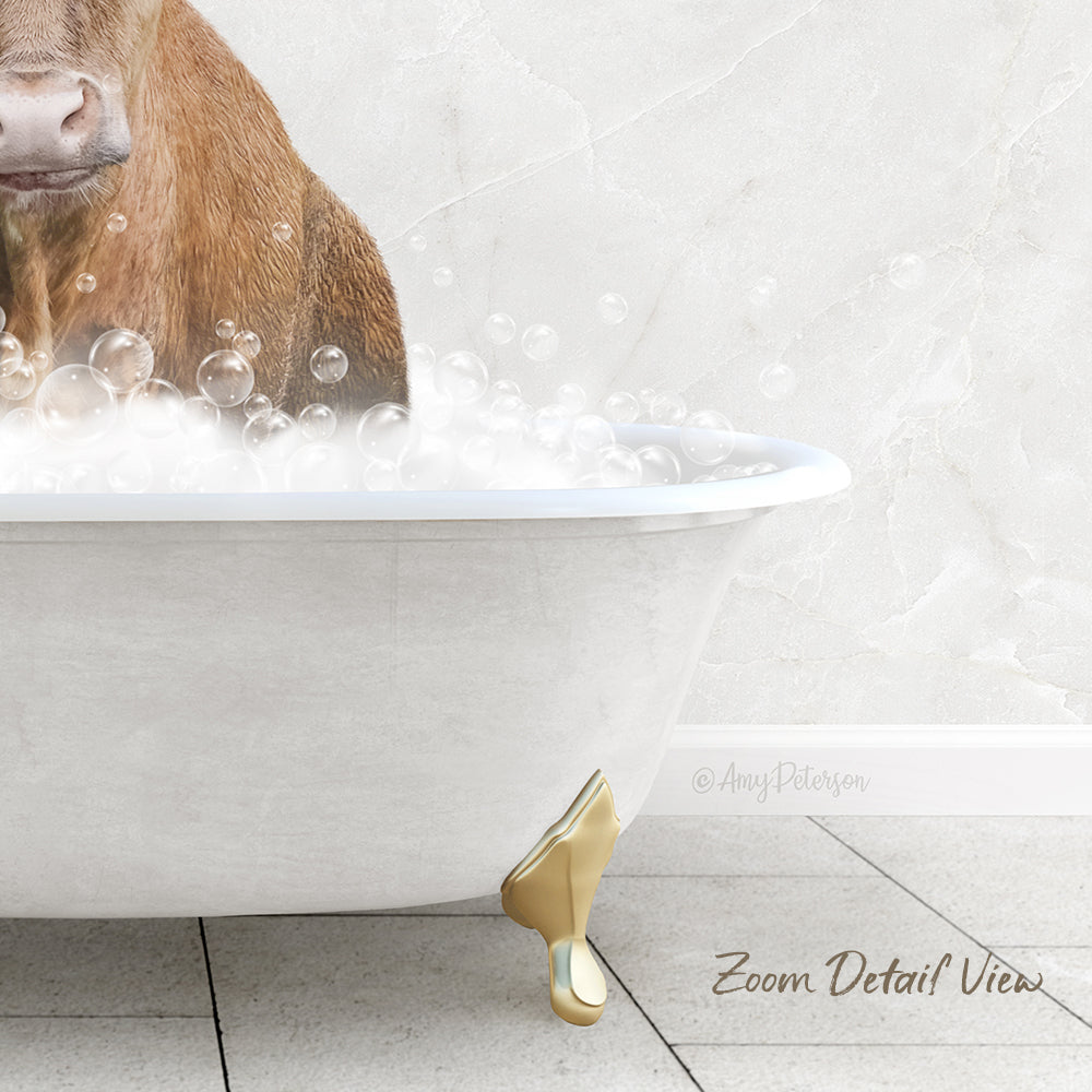 A brown cow standing in a white bathtub filled with bubbles, with a text overlay that reads "Zoom Detail View".