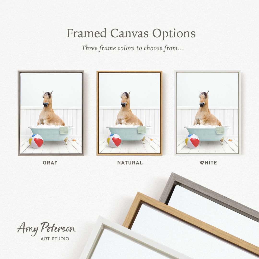 three framed canvas options, each featuring a different color: gray, natural, and white. The canvas options are presented in a collage format, with the text " Framed Canvas Options" and "Three frame colors to choose from..." displayed above the images.