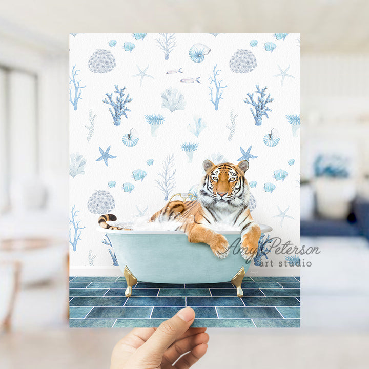 a hand holding up a card with a picture of a tiger in a bathtub