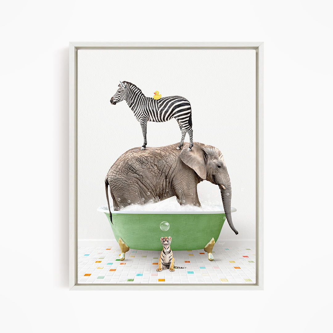 A zebra stands on the back of an elephant, which is submerged in a green bathtub, with a small cat sitting on the edge of the tub.