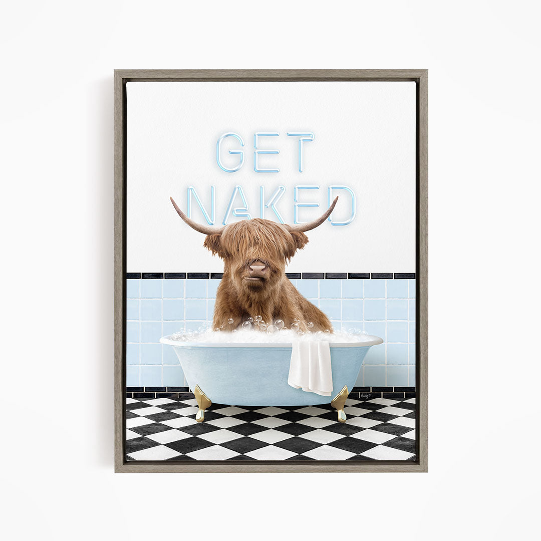 A brown cow with horns is sitting in a blue bathtub, with the words "GET NAKED" written above it.