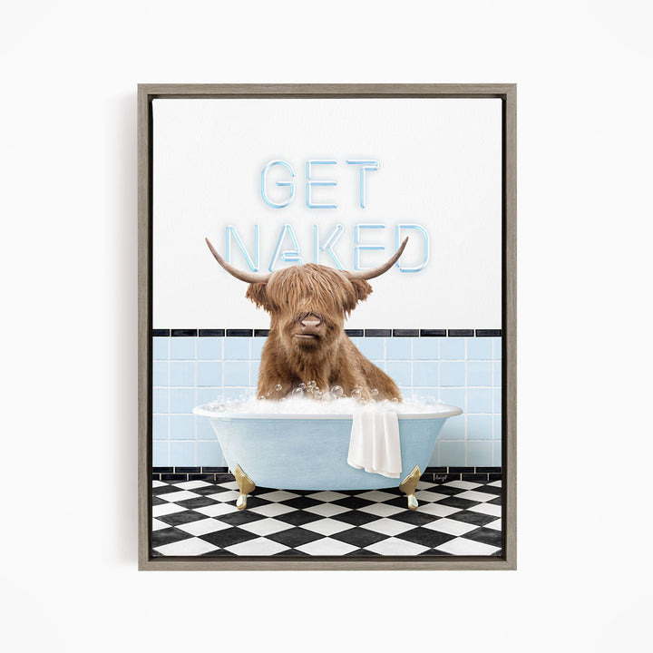 A brown cow with horns is sitting in a blue bathtub, with the words "GET NAKED" written above it.