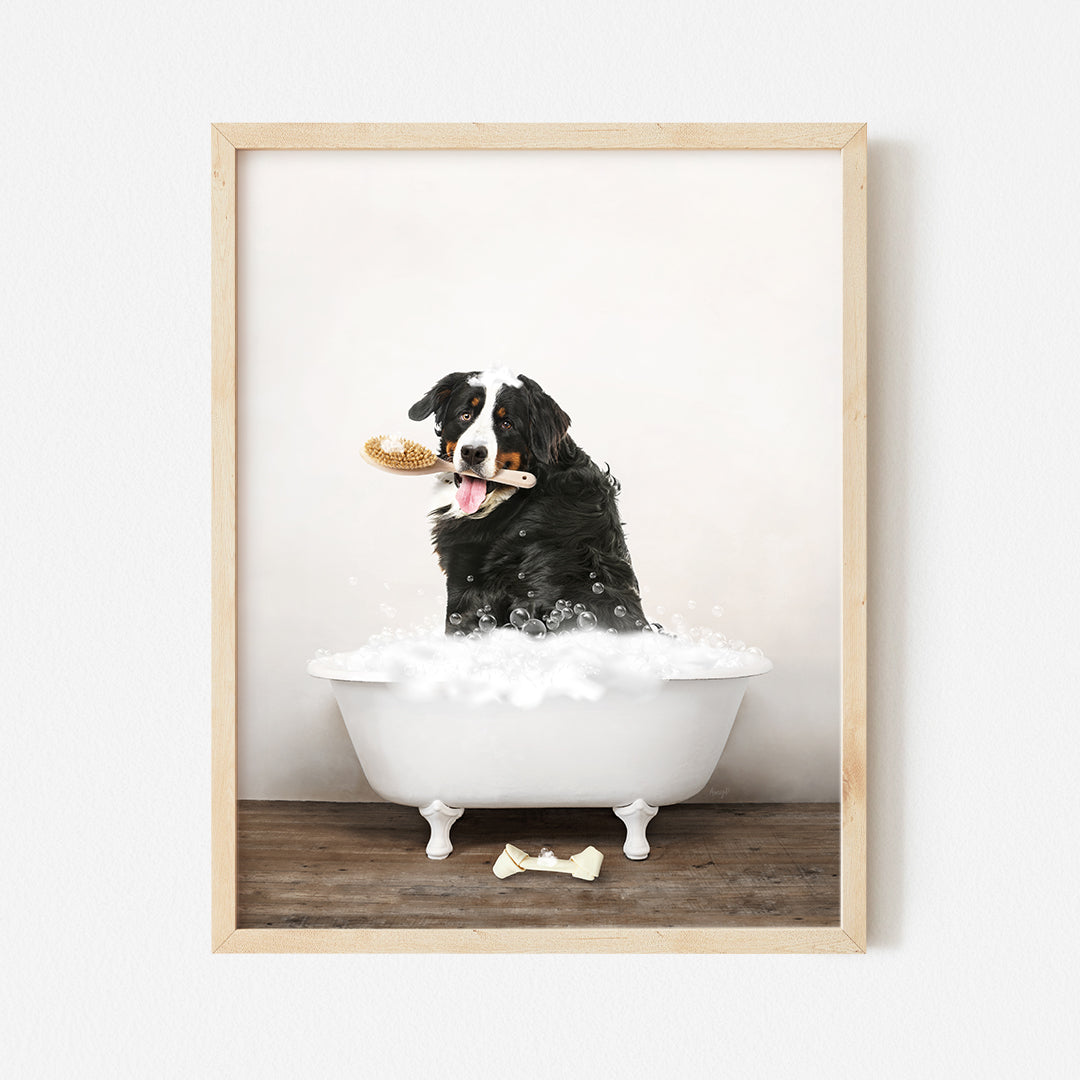 a black and white dog sitting in a bathtub with a donut in its