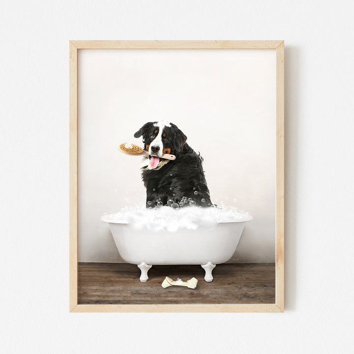 a black and white dog sitting in a bathtub with a donut in its