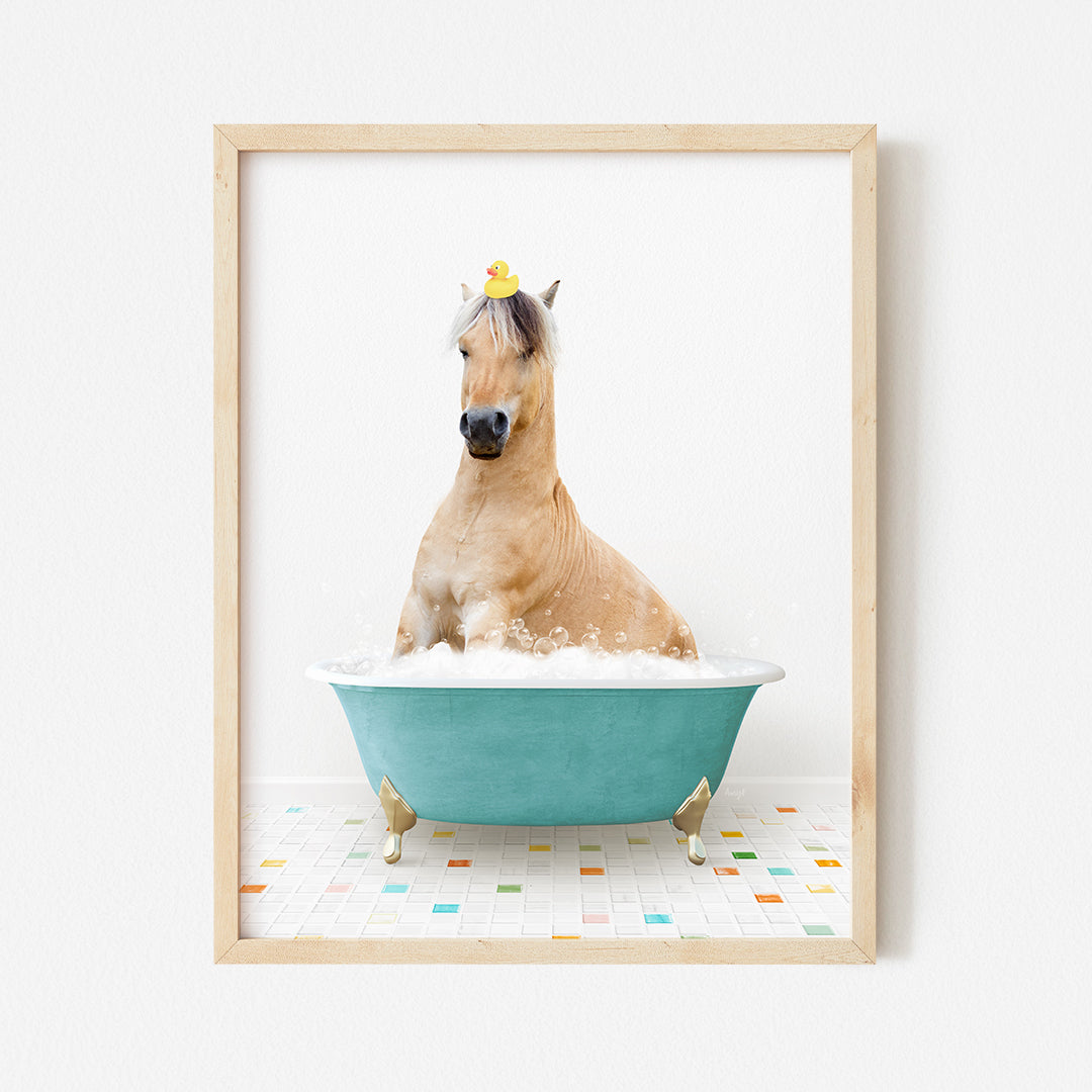 a brown horse sitting in a blue bath tub