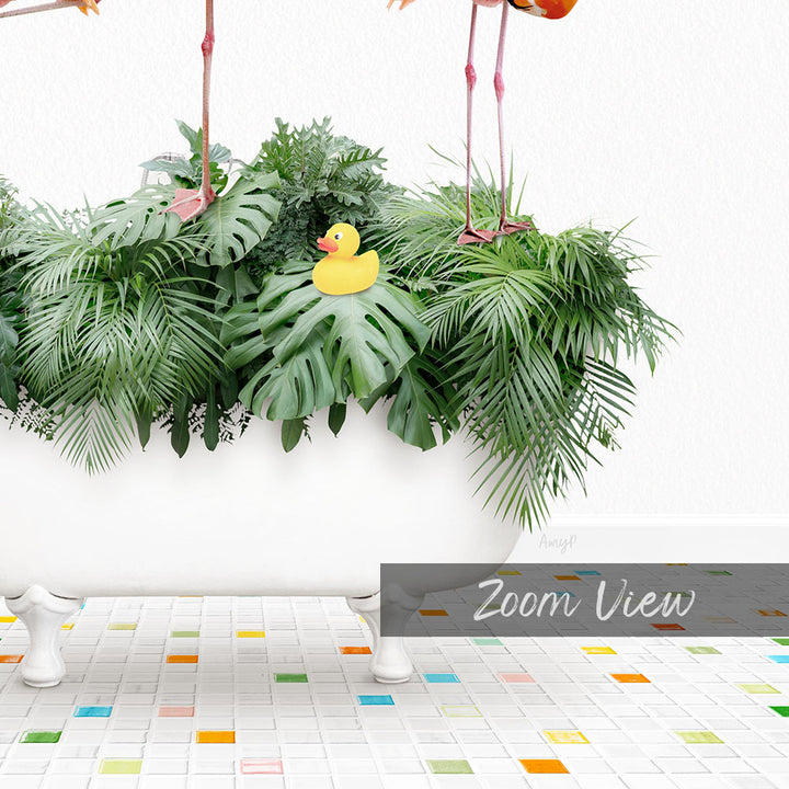 A white bathtub filled with green plants and a yellow rubber duck, with a colorful tiled floor in the foreground.
