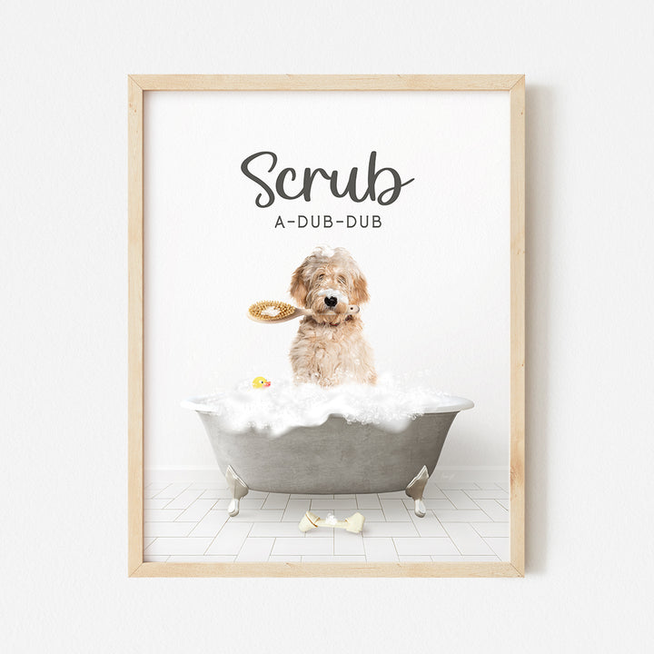 a picture of a dog in a bathtub with the words scrubb above it