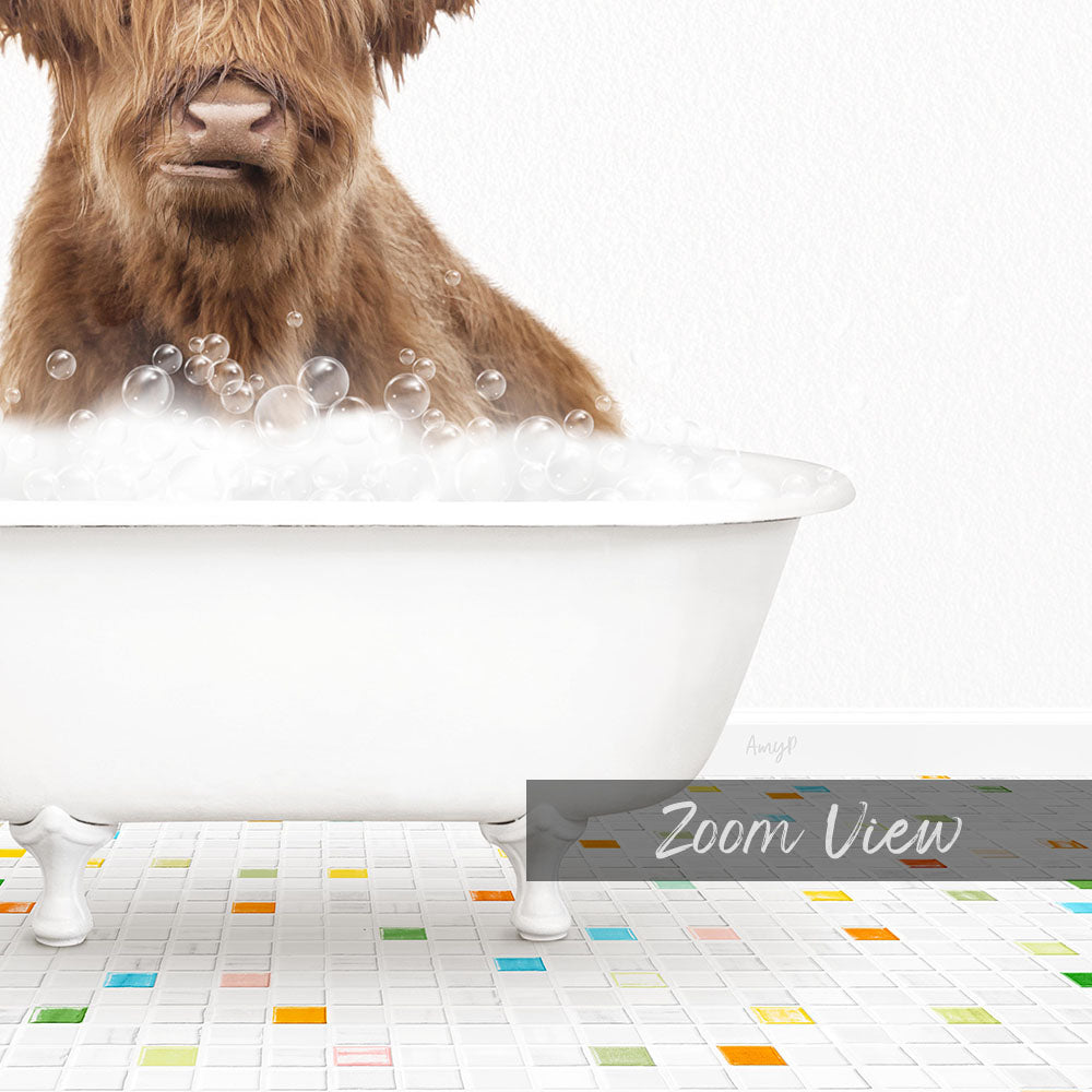A brown cow is sitting in a white bathtub filled with bubbles, creating a whimsical and playful scene.