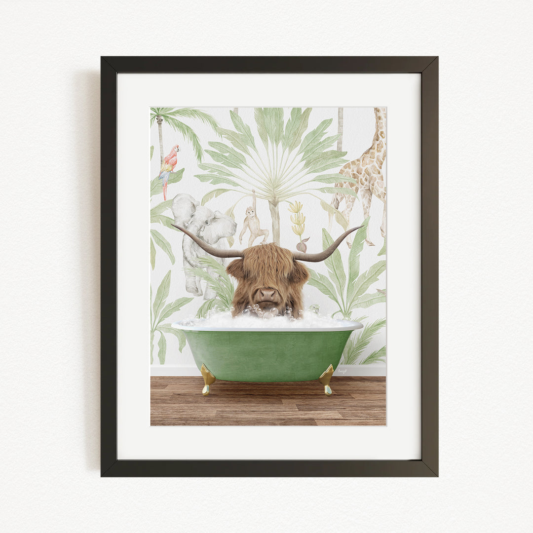 A framed illustration depicting a horned animal, likely a yak or a bison, sitting in a green bathtub filled with water, surrounded by tropical foliage.
