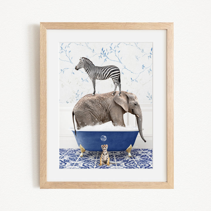 A zebra stands on top of an elephant in a blue bathtub, with a tiger sitting in the tub below.