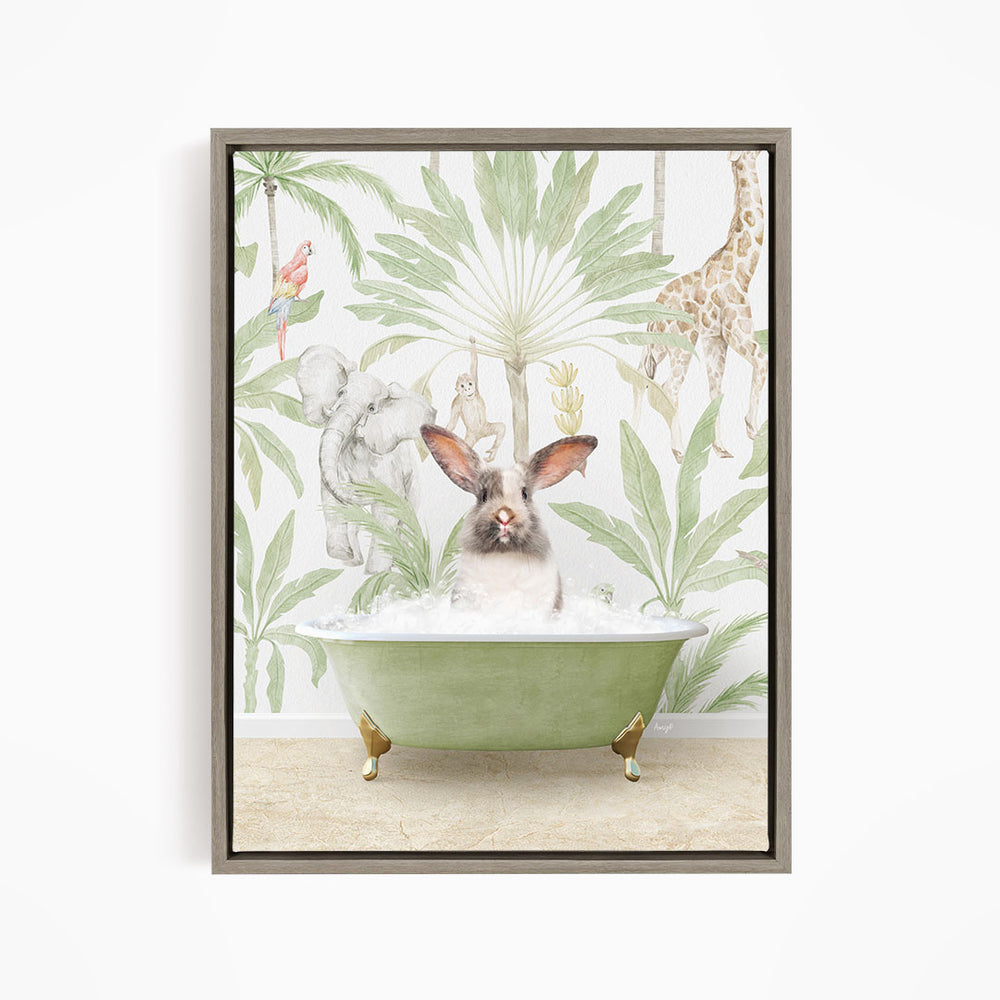 A rabbit sitting in a green bathtub filled with water, surrounded by tropical plants and animals, such as a giraffe and a parrot.