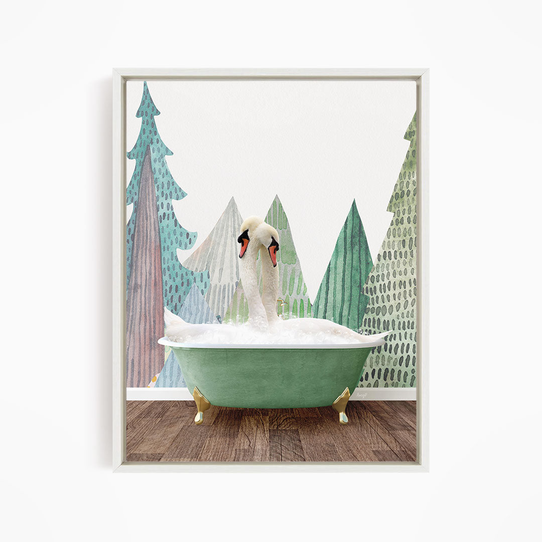 A white swan is sitting in a green bathtub, surrounded by a forest scene with trees and a snowy landscape.
