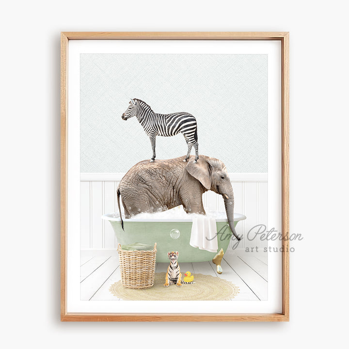 a picture of a zebra and an elephant in a bathtub