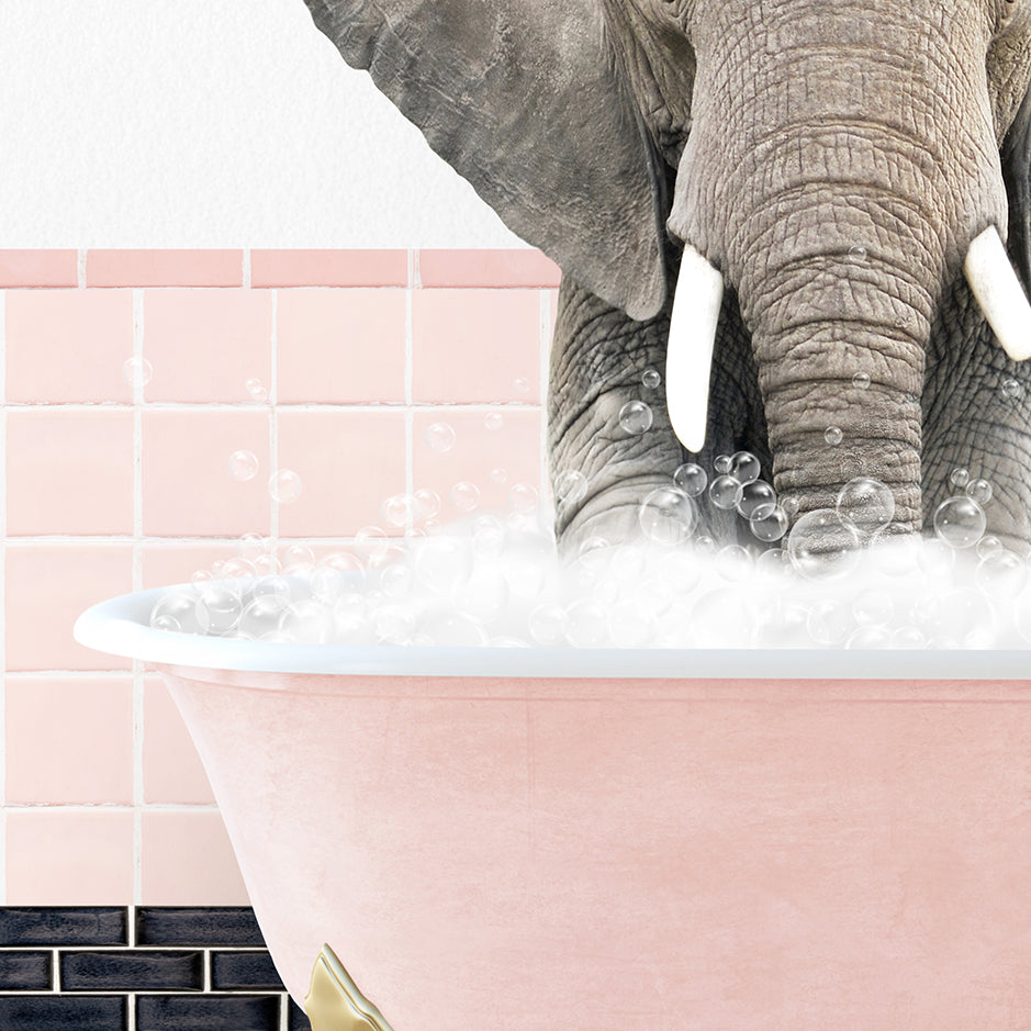 an elephant is taking a bath in a pink bathtub