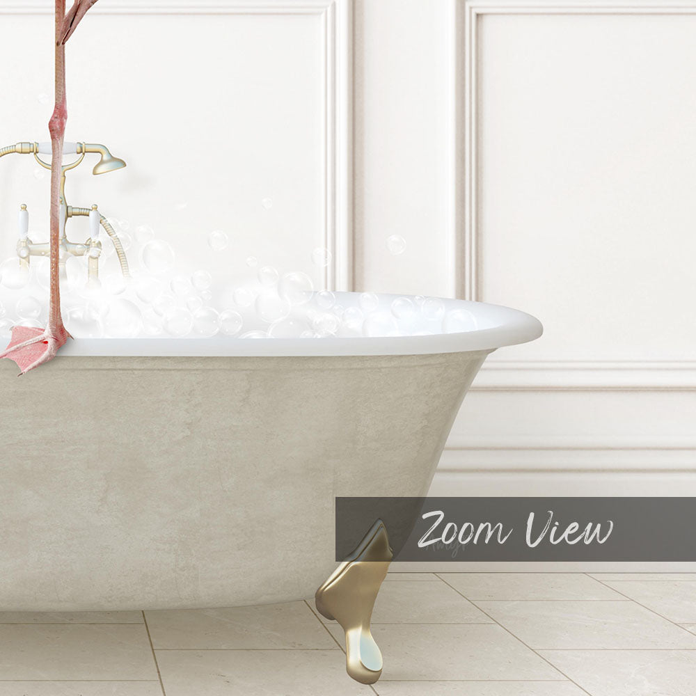 A white clawfoot bathtub filled with water, with a pink flower hanging from the side.