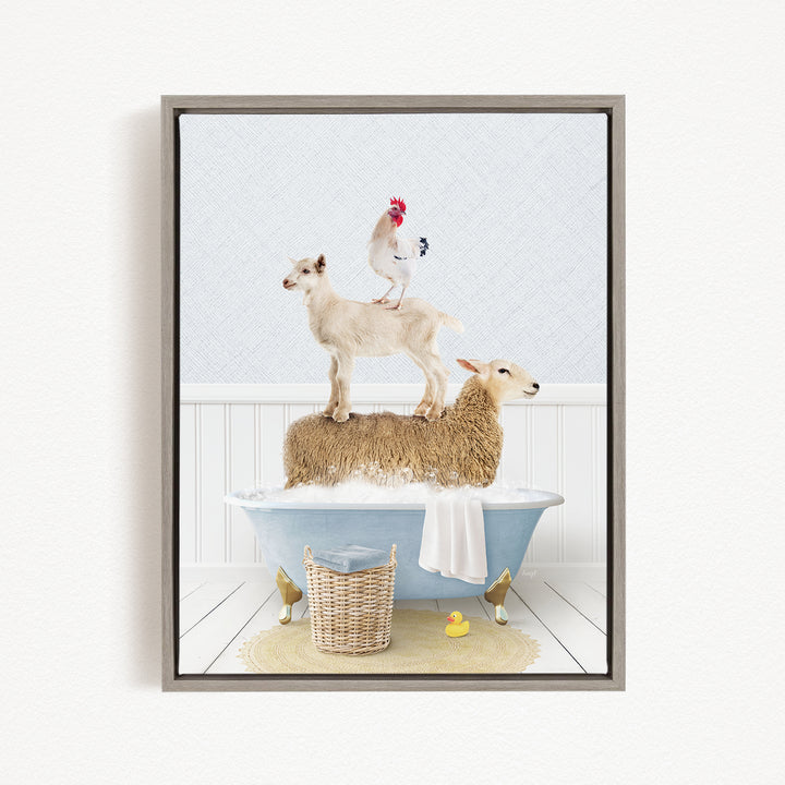 A framed image depicting a sheep standing on a goat's back while a chicken stands on top of a sheep, all in a bathtub.
