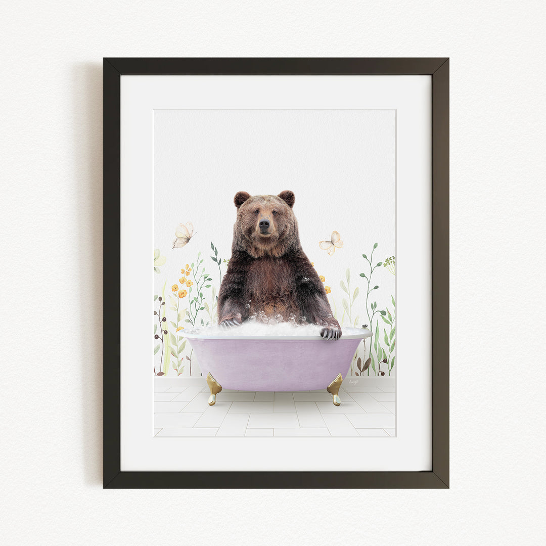 A brown bear sitting in a purple bathtub filled with bubbles, surrounded by flowers and butterflies.