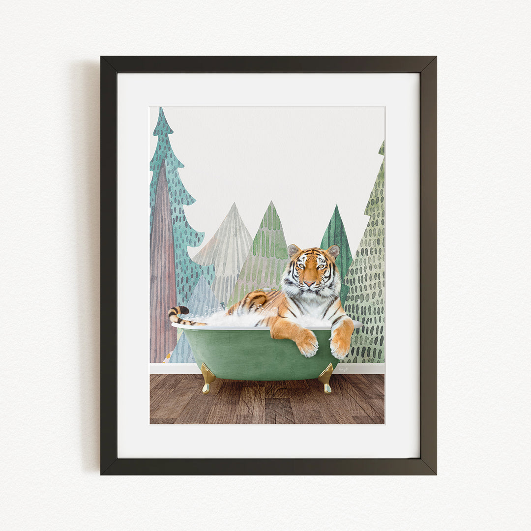 A tiger is sitting in a green bathtub, surrounded by a forest scene with trees and a misty atmosphere.