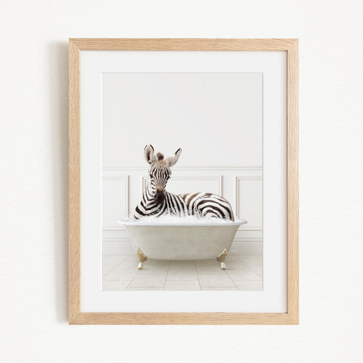 A zebra is sitting in a white bathtub, surrounded by a white background.