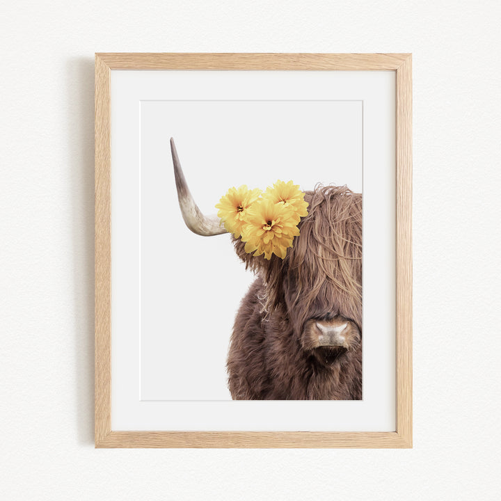A framed image of a brown cow with yellow flowers on its horns.