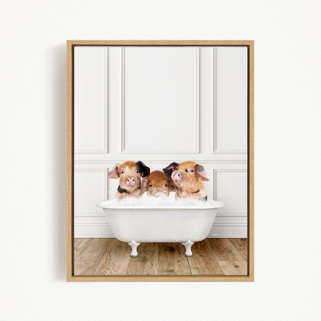 Three adorable pigs sitting in a white bathtub, enjoying a relaxing bath.