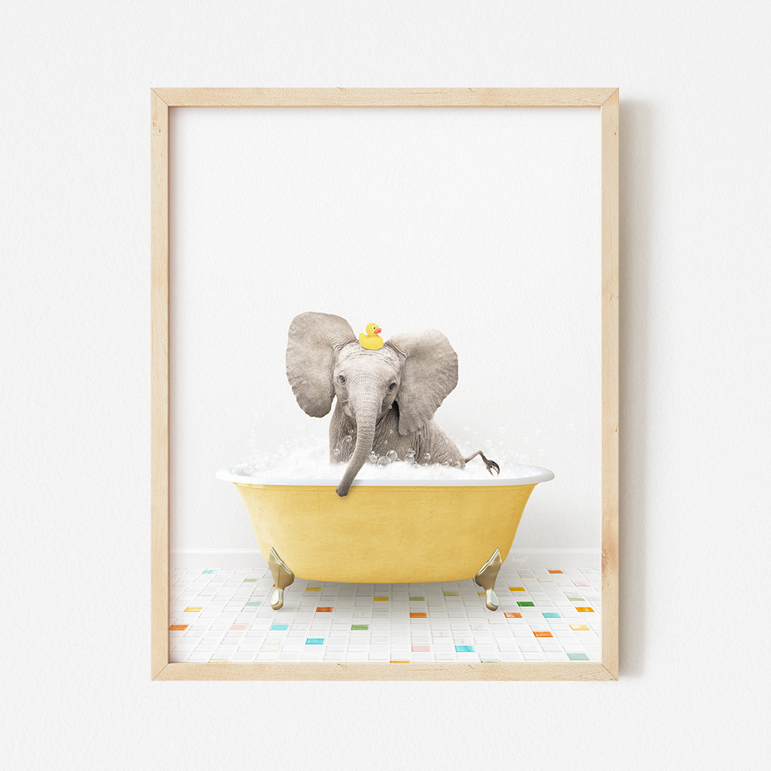 an elephant in a bathtub with a crown on its head