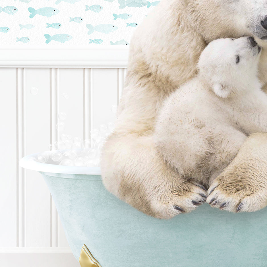 a mother polar bear cuddles her cub in a bathtub