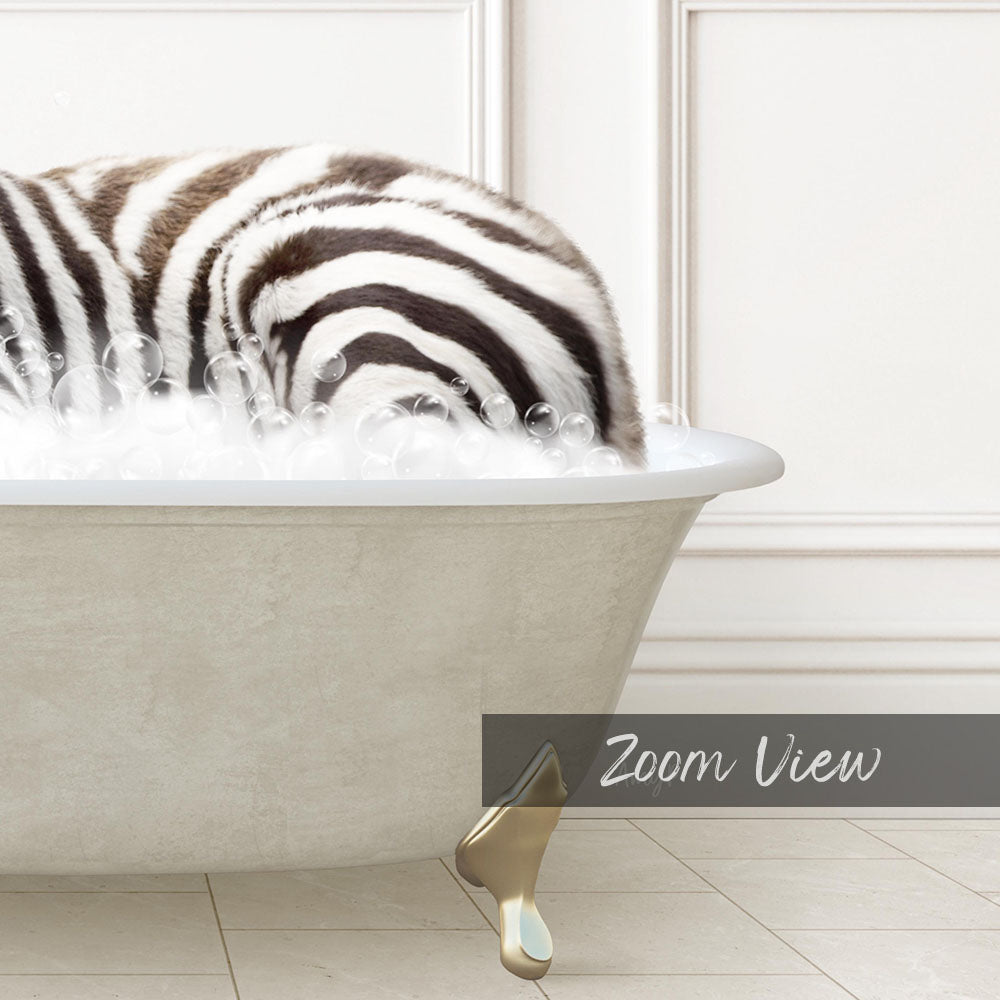 A zebra lying in a bathtub filled with bubbles, as if enjoying a relaxing bath.