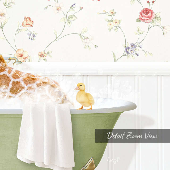 A giraffe is standing in a bathtub filled with bubbles, while a small yellow duck sits on the edge of the tub.