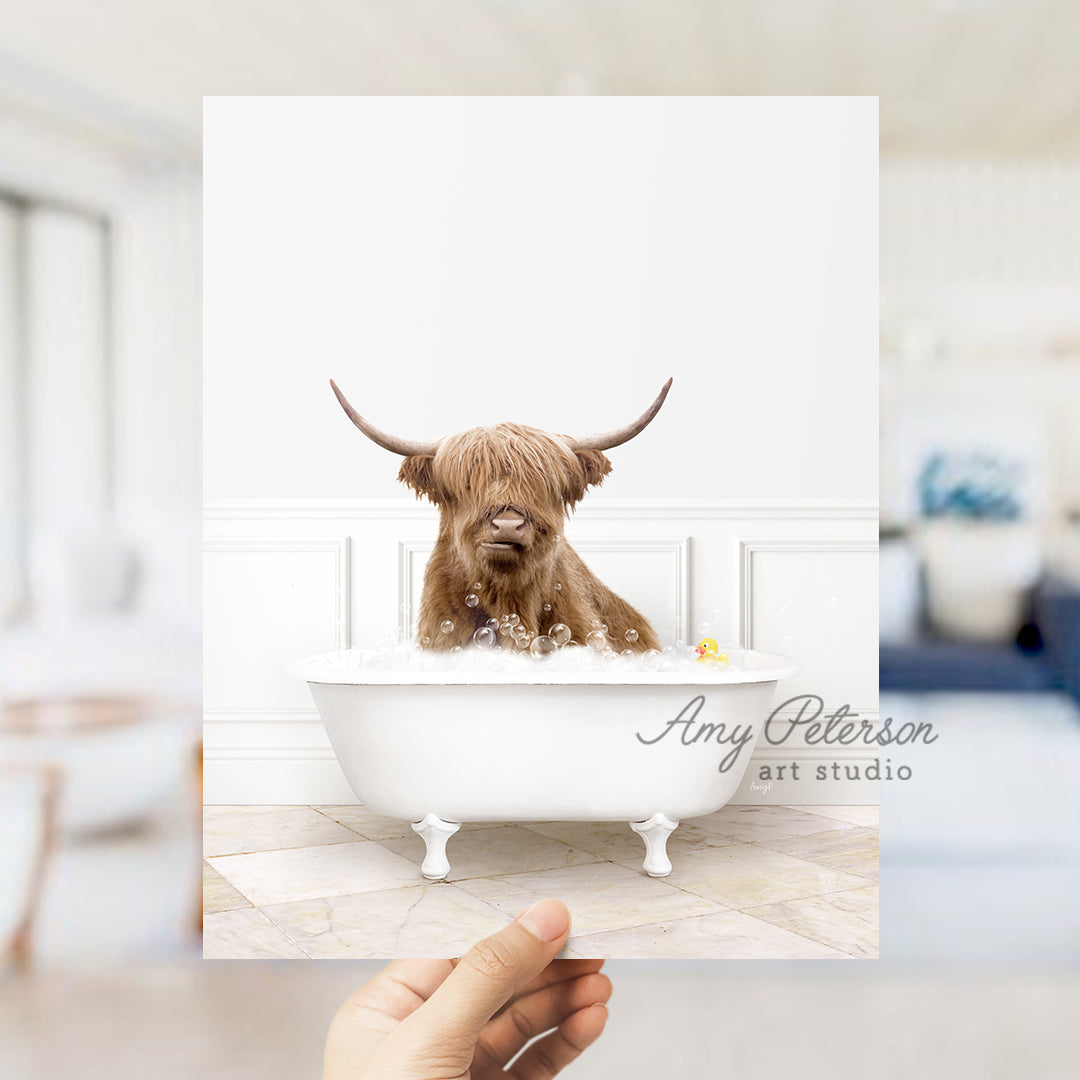 a person holding up a card with a picture of a dog in a bathtub