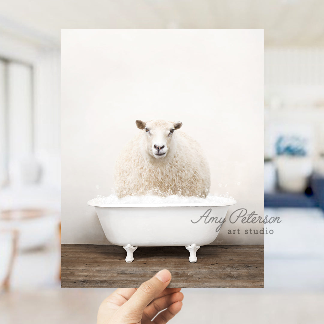 a sheep sitting in a bathtub in a room