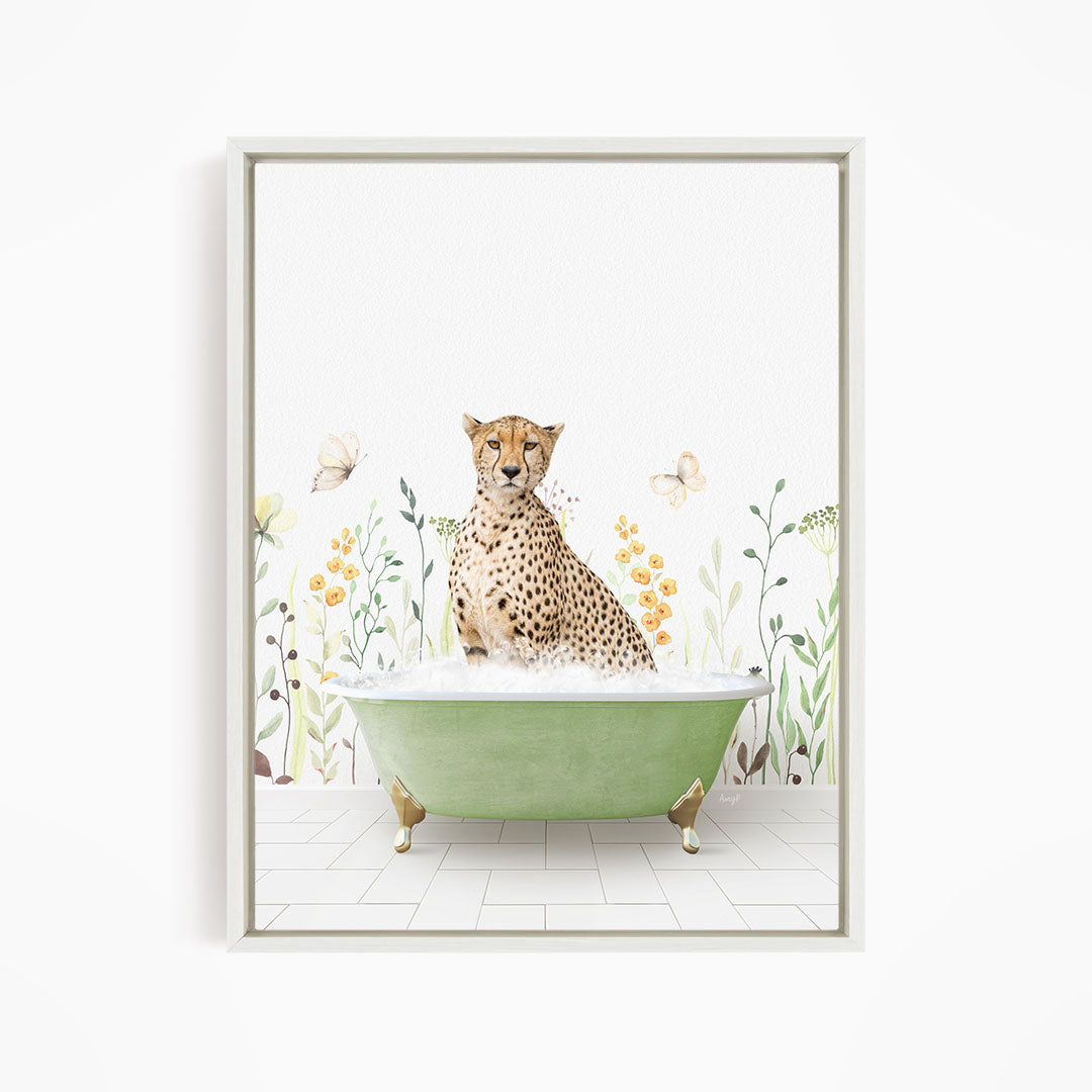 A cheetah sitting in a green bathtub filled with water, surrounded by flowers and butterflies.