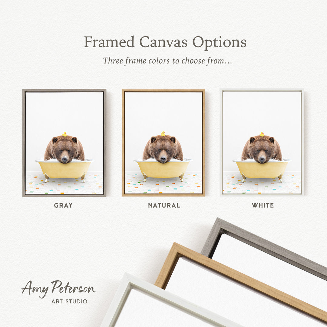 three framed canvas options, each featuring a brown bear sitting in a bathtub. The options include a gray frame, a natural frame, and a white frame.