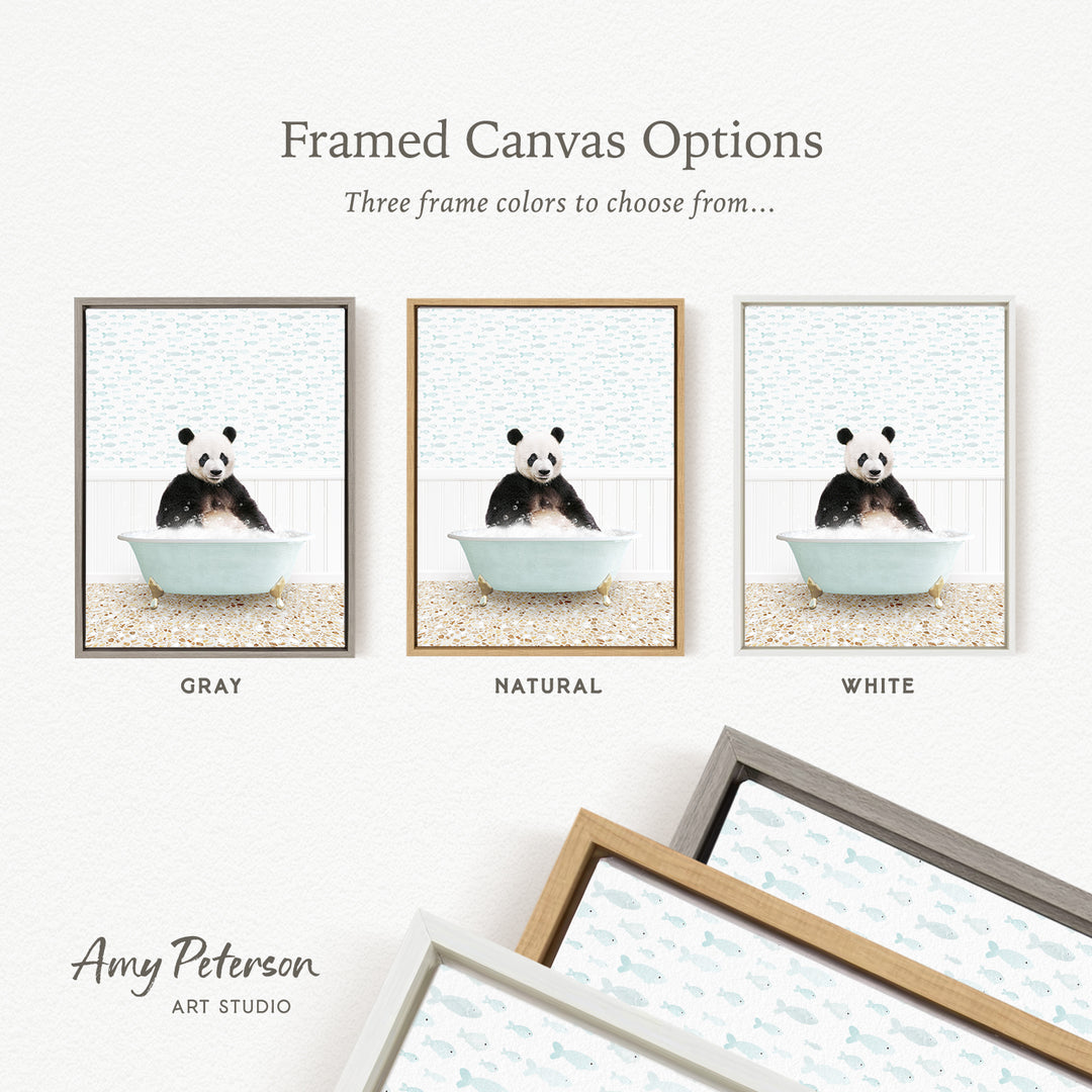 three framed canvas options featuring a panda bear in a bathtub, each with a different frame color: gray, natural, and white.