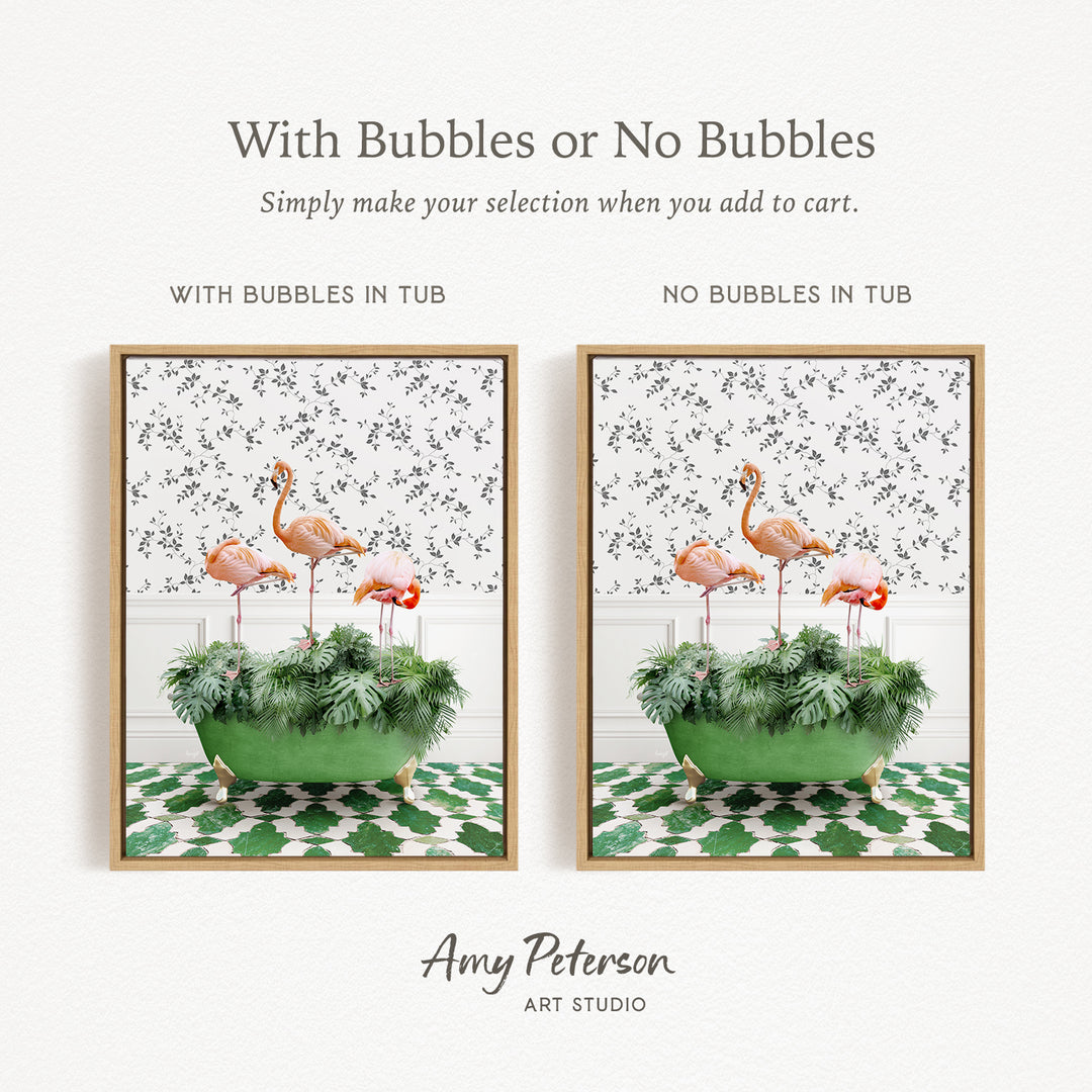 The image is a collage of two framed pictures, each featuring a green planter with a pink flamingo sitting in it. The text above the images reads "With Bubbles or No Bubbles" and below the images, it says "Simply make your selection when you add to cart."
