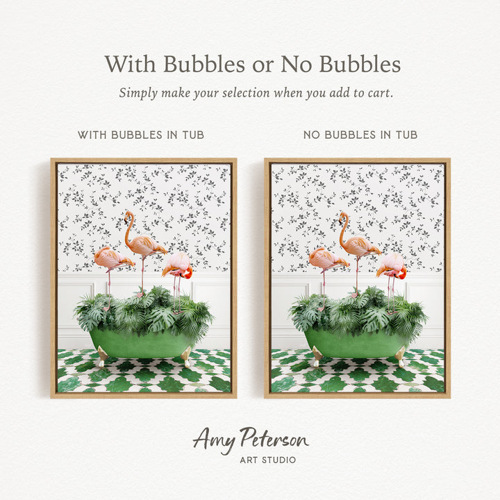 The image is a collage of two framed pictures, each featuring a green planter with a pink flamingo sitting in it. The text above the images reads "With Bubbles or No Bubbles" and below the images, it says "Simply make your selection when you add to cart."
