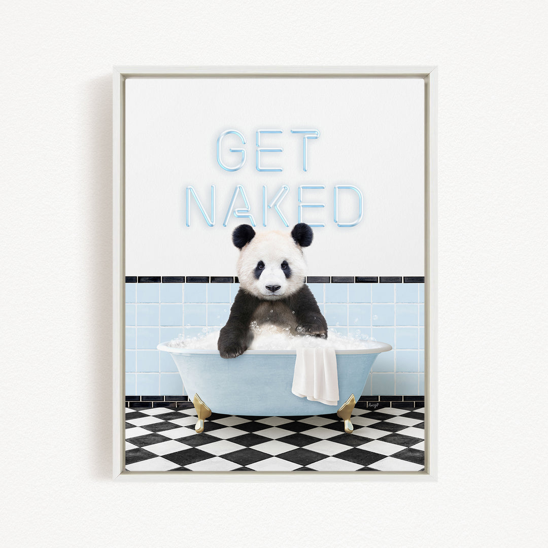 A panda bear sitting in a bathtub with the text "GET NAKED" displayed above it.