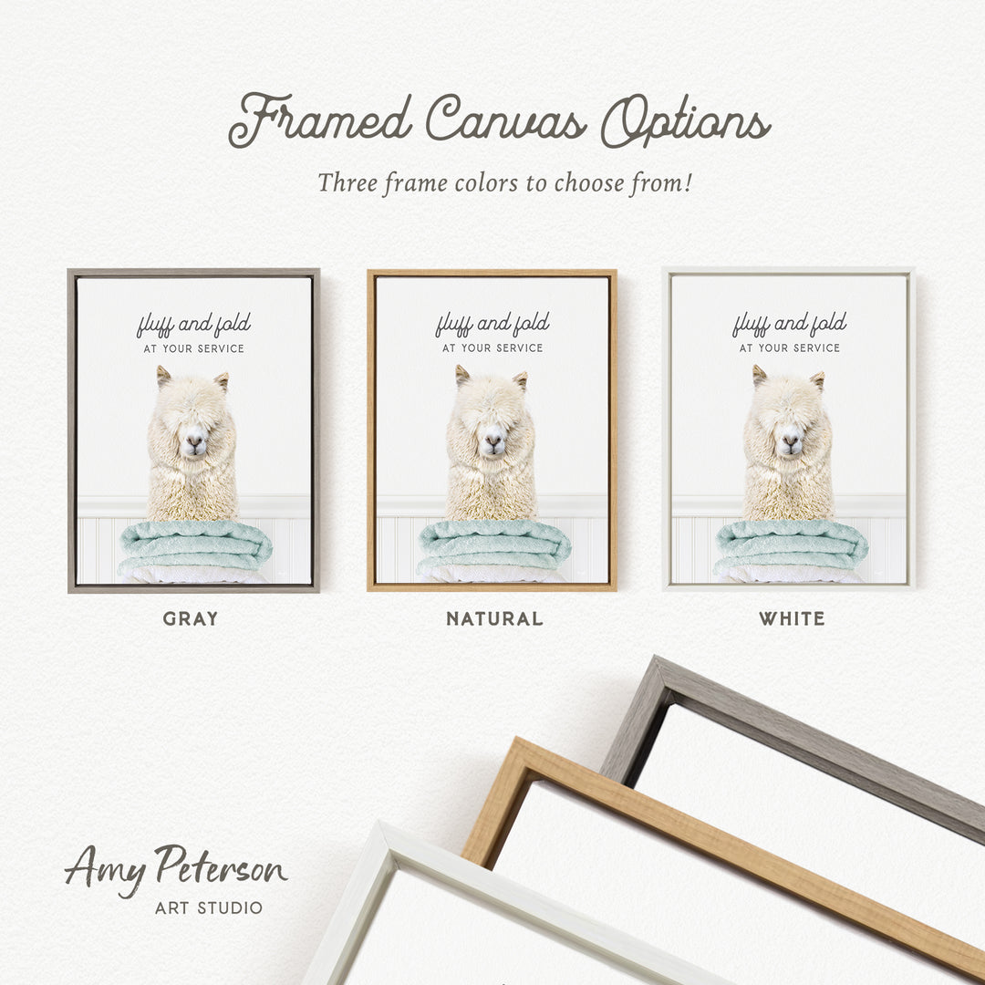 three framed canvas options, each with a different color and frame style, including gray, natural, and white.