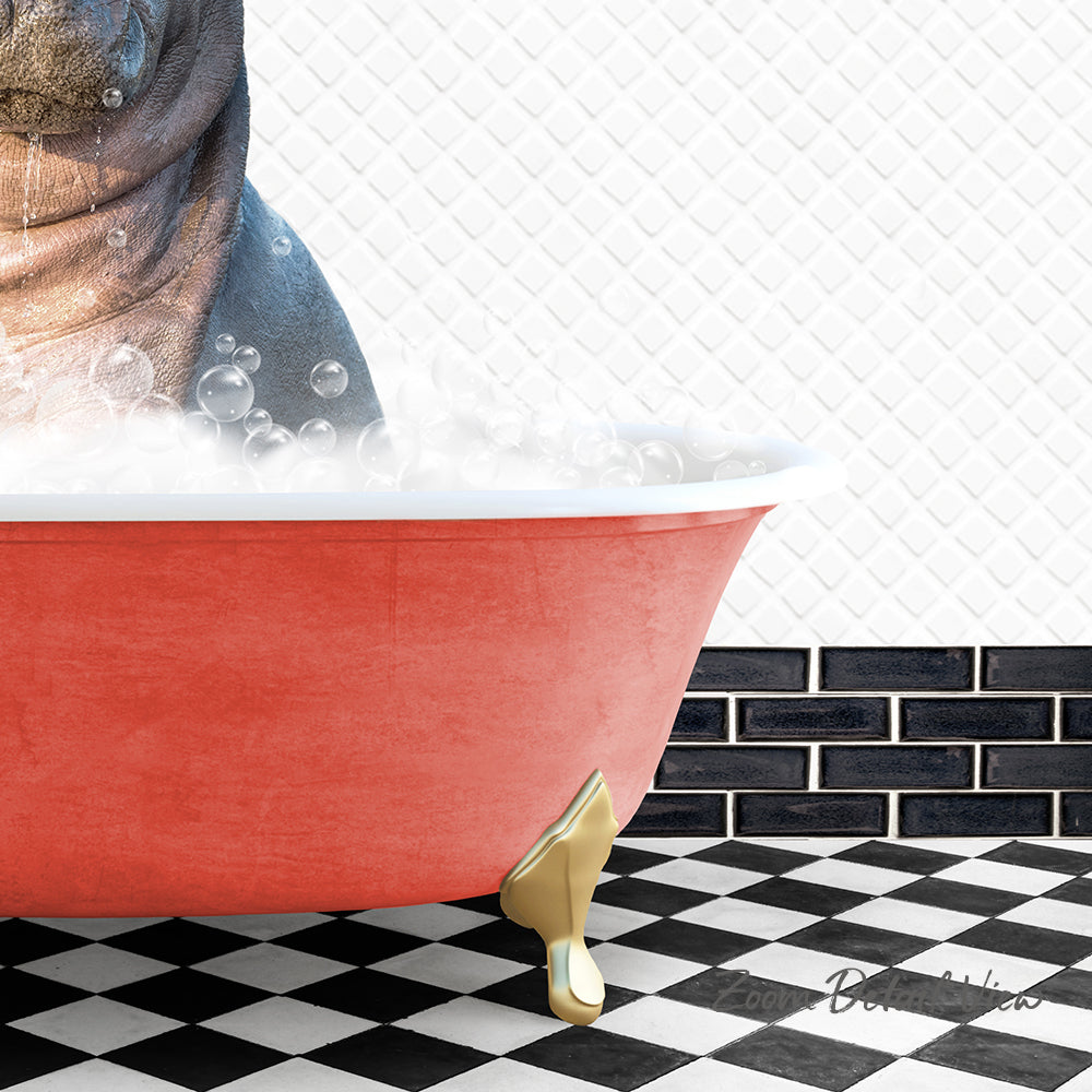 A red bathtub filled with bubbles, with a dog's head peeking out from behind it, set against a black and white checkered floor and a white tiled wall.